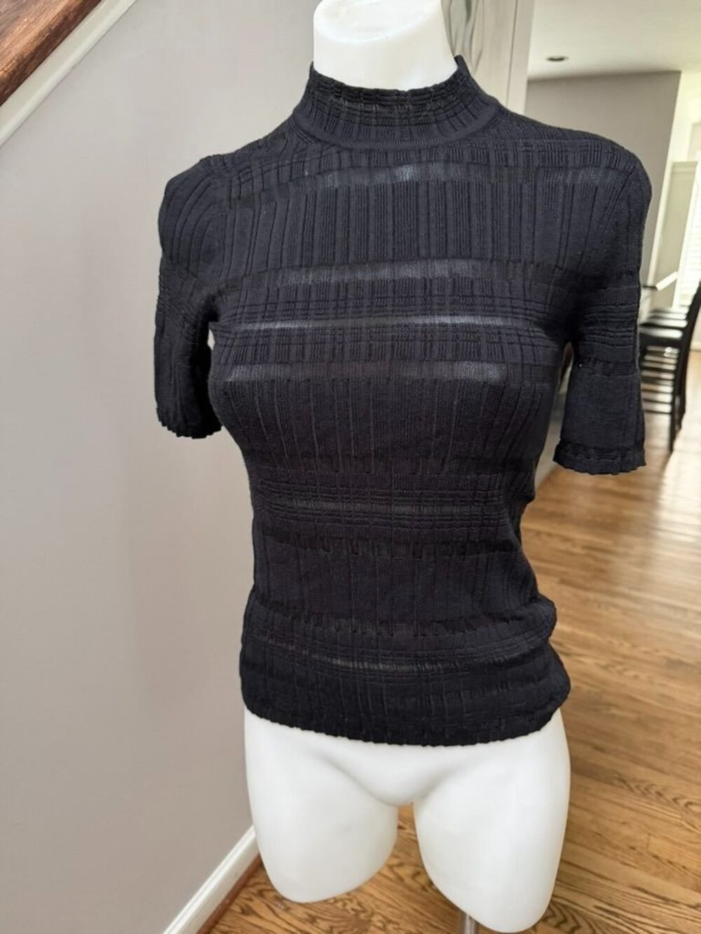 Theory Black Crepe-Knit Striped T-Shirt Size XS P